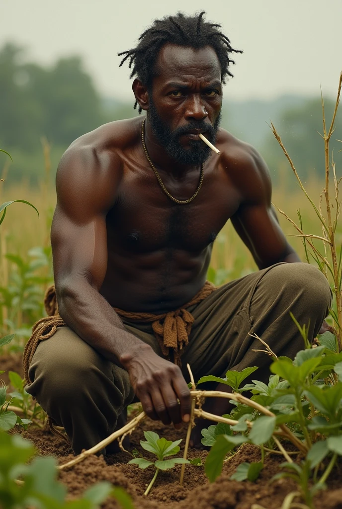 18th century black slave man with a straw cigarette in his mouth while weeding