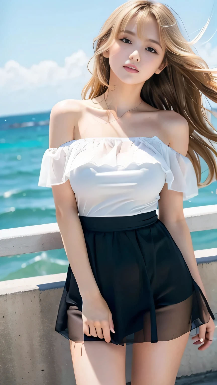 (masterpiece, best quality), pale skin, (baby face), Island beach background, (Purely off-the-shoulder, Short transparent top, high waist skirt, tight mini skirt:1.3), (Skinny Thighs:1.9, Yao Liu, lose weight, long legs, thin legs:1.9), blonde hair, (huge , lift your hips, straight legs), Show belly button, (Wide thigh clearance:1.6, wide gap between thighs:1.6), whole body forward, Nipple protrusion, pink breast bulge, Camel toe bump, (Facing Teenage Barbara Palvin)