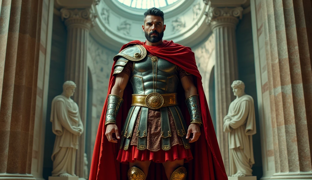 Full-body portrait of a Roman emperor, in traditional Roman armor with a red cape flowing behind him, low angle shot, standing in a marble hall with statues of gods, with realism and grandeur, captured with an Arri Alexa Mini LF, 18-55mm lens, Kodak Tri-X 400, cinematic teal and orange color grading, with a realistic approach that blends the style of Rubens with the iconic portraiture of Leibovitz.