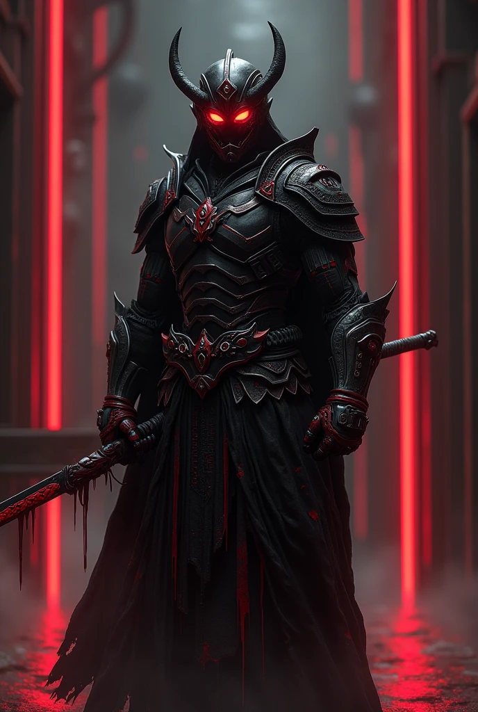Darkness, Male, Cyber half human half, armors blood weakness black, head helmet armor japanese, line light red armors, red eyes cyber. Sword obsidian & three eyes from children's