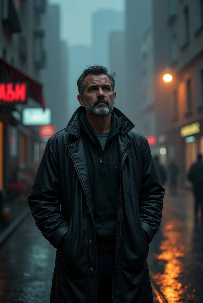 thoughtful man, realistic rainy weather