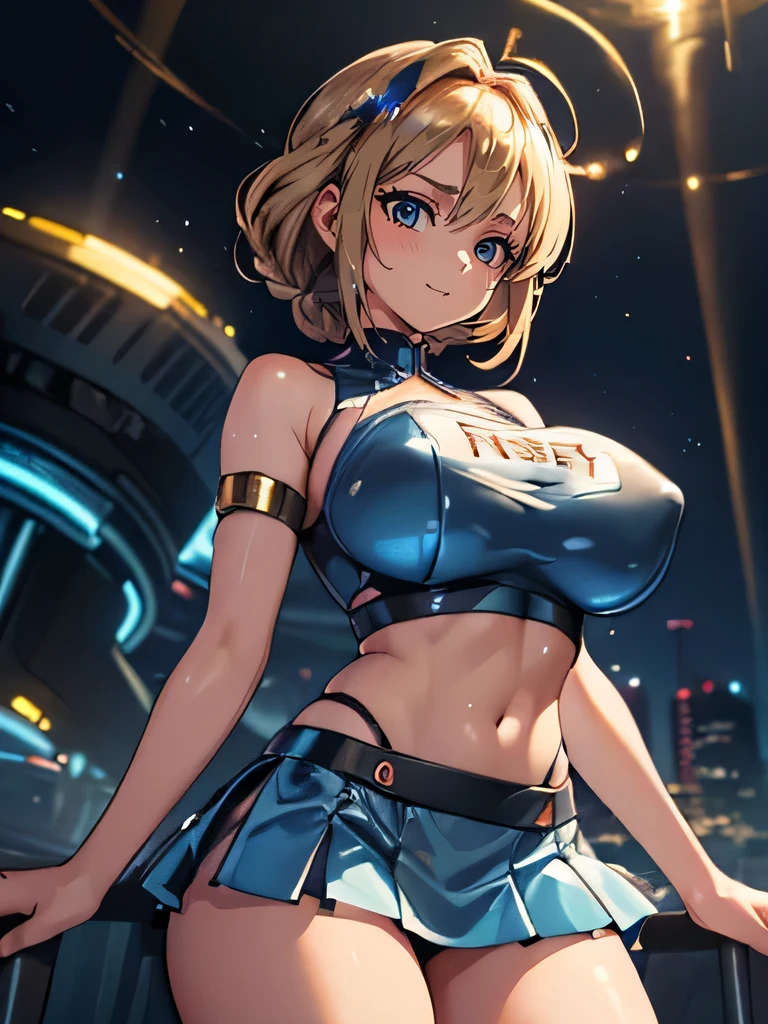 (((masterpiece))), (((best quality))), ((ultra-detailed)), (illustration), ((an extremely delicate and beautiful)), ((super detail)), ((high resolution)), (((20 years old))), ((metallic cloth)), (cheerleader), (super heroine), (android), delicate metal decorations, gleaming skin, shiny body, two legs, breast focus, (((tall))), slender legs, ((big round eyes)), cute eyes, drooping eyes, ((adult)), two hands, five fingers, no extra hands, elegant smile, braid, ((metallic blue)), (see-through), (dark blonde), (((ultra-huge breasts))), (shining brightly), outdoor, mini skirt, daytime, ((biopunk)), (hair shorter than shoulder), (medium length hair), gynoid, (slime competition swimsuit), city, ((midriff-baring outfit)), (no mob characters),