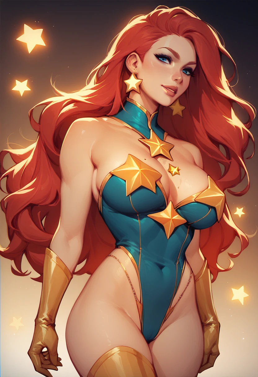 Sexy,Superheroine, Red hair, long hair, busty, ((blue highleg leotard with a t-back thong and a gold star insignia on chest)), gold boots, gold gloves