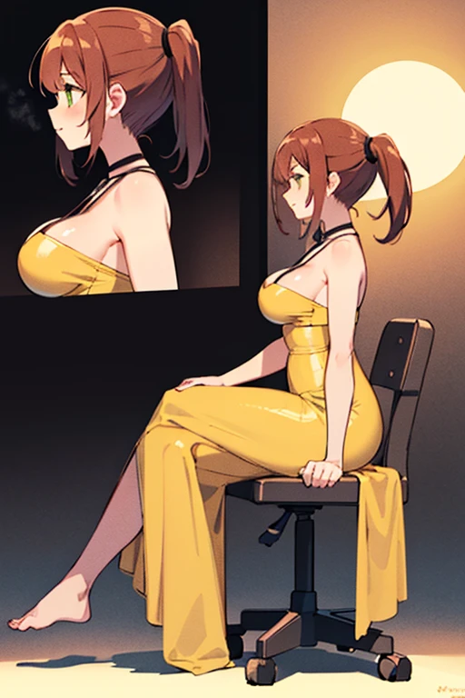 ((Best Quality)), ((masterpiece)), (detailed), 1 girl, with yellow evening dress, green eyes, red pigtails hair, 21 years, big breasts, wide hip,sitting, crossed legs, neckline,((Whole body)),((left profile view))