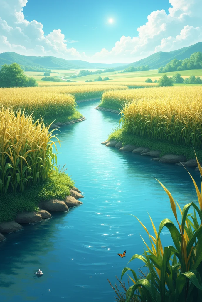 Create a river that divides into two distant rivers on its banks there are corn crops