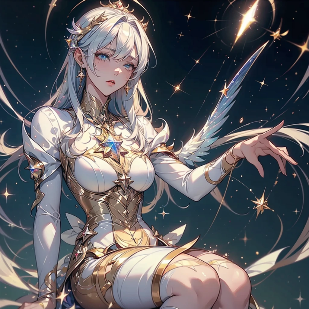 1girl,(((Highest quality、Masterpiece、Official Art、Award-winning works、Perfect Anatomy、Perfect human body、Super detailed、Fine lines of hair、The best dynamic composition)))、Anime Style、Star Fairy、It has transparent rainbow-colored wings growing on its back.、cute、White long boots、☆、Milky Way、universe、Meteors、Giant Star、Charm、Sparkling、glitter、個性的なcute衣装、