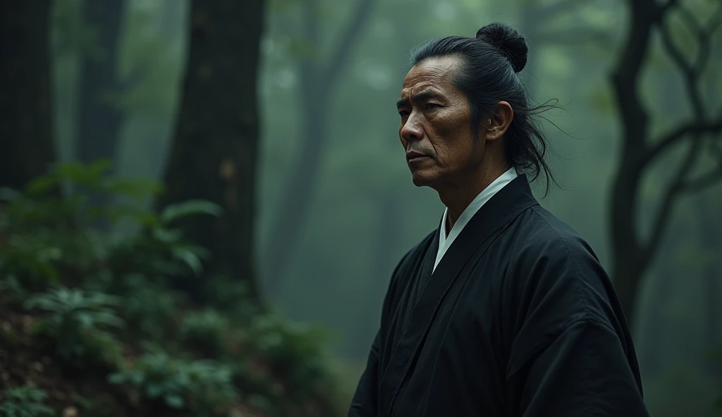 Japan folklore,A samurai wearing a black hakama is gazing into the distance with a gloomy expression,Excited, Photo of your face, Dark forest background, with a natural look, With a slightly tired look, tilt your face a little, Diagonal orientation, Average face