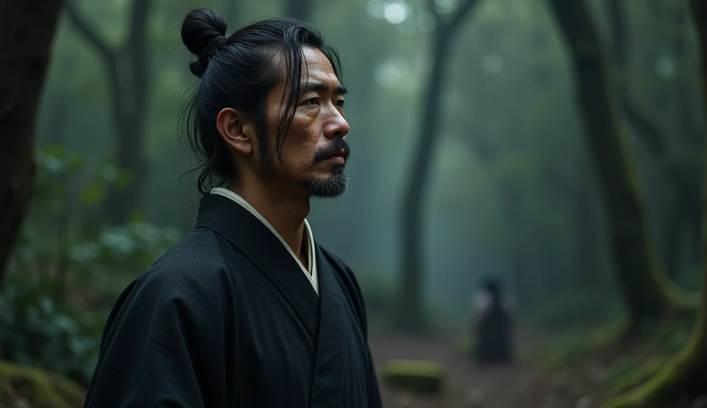 Japan folklore,A samurai wearing a black hakama is gazing into the distance with a gloomy expression,Excited, Photo of your face, Dark forest background, with a natural look, With a slightly tired look, tilt your face a little, Diagonal orientation, Average face
