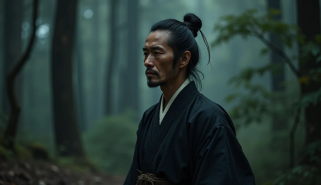 Japan folklore,A samurai wearing a black hakama is gazing into the distance with a gloomy expression,Excited, Photo of your face, Dark forest background, with a natural look, With a slightly tired look, tilt your face a little, Diagonal orientation, Average face