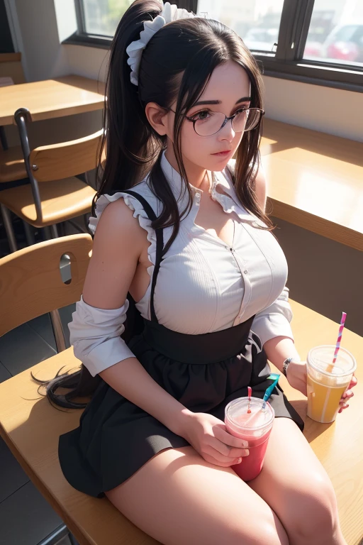 A beautiful young girl with long black hair in a double ponytail, wearing a floral dress with a flared skirt and knee-high socks, sitting with her back to the counter of a diner, two full milkshake glasses with straws on the counter in front of her, looking at the viewer with a sweet expression, in a McDonald's style diner setting, (best quality, 4k, 8k, highres, masterpiece:1.2), ultra-detailed, (realistic, photorealistic, photo-realistic:1.37), ???????, scientific, precise, hyperrealistic, intricate details, vivid colors, cinematic lighting, volumetric lighting, depth of field, photorealistic rendering