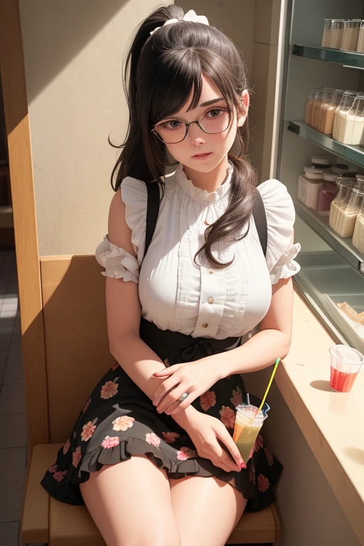 A beautiful young girl with long black hair in a double ponytail, wearing a floral dress with a flared skirt and knee-high socks, sitting with her back to the counter of a diner, two full milkshake glasses with straws on the counter in front of her, looking at the viewer with a sweet expression, in a McDonald's style diner setting, (best quality, 4k, 8k, highres, masterpiece:1.2), ultra-detailed, (realistic, photorealistic, photo-realistic:1.37), anatomy, scientific, precise, hyperrealistic, intricate details, vivid colors, cinematic lighting, volumetric lighting, depth of field, photorealistic rendering