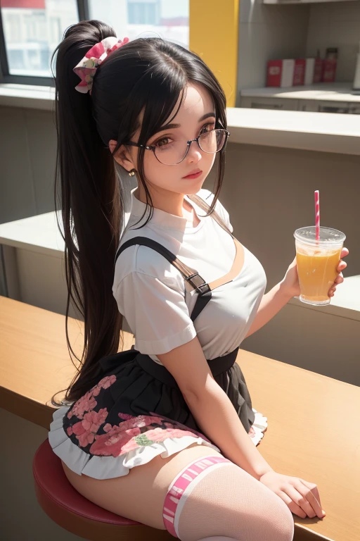 A beautiful young girl with long black hair in a double ponytail, wearing a floral dress with a flared skirt and knee-high socks, sitting with her back to the counter of a diner, two full milkshake glasses with straws on the counter in front of her, looking at the viewer with a sweet expression, in a McDonald's style diner setting, (best quality, 4k, 8k, highres, masterpiece:1.2), ultra-detailed, (realistic, photorealistic, photo-realistic:1.37), ???????, scientific, precise, hyperrealistic, intricate details, vivid colors, cinematic lighting, volumetric lighting, depth of field, photorealistic rendering