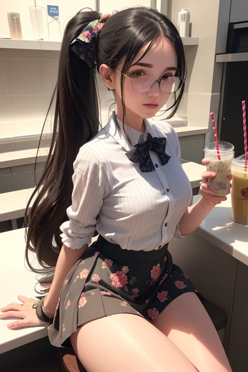 A beautiful young girl with long black hair in a double ponytail, wearing a floral dress with a flared skirt and knee-high socks, sitting with her back to the counter of a diner, two full milkshake glasses with straws on the counter in front of her, looking at the viewer with a sweet expression, in a McDonald's style diner setting, (best quality, 4k, 8k, highres, masterpiece:1.2), ultra-detailed, (realistic, photorealistic, photo-realistic:1.37), anatomy, scientific, precise, hyperrealistic, intricate details, vivid colors, cinematic lighting, volumetric lighting, depth of field, photorealistic rendering