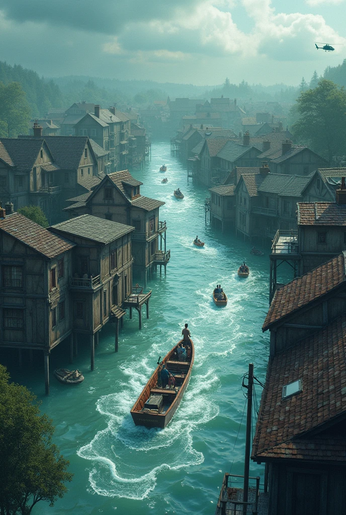 Massive Flood in a village town. Houses are under the water. Everything is floating over the water. Peoples are helping each other using boats and helicopter