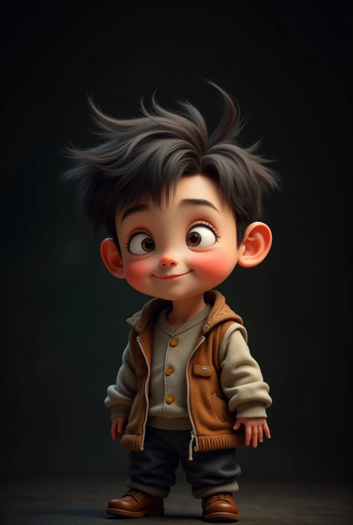 Creat an image of character,a clever and mischievous faty boy,troublesome, attractive to childrens,dark black background, with only three hair on head