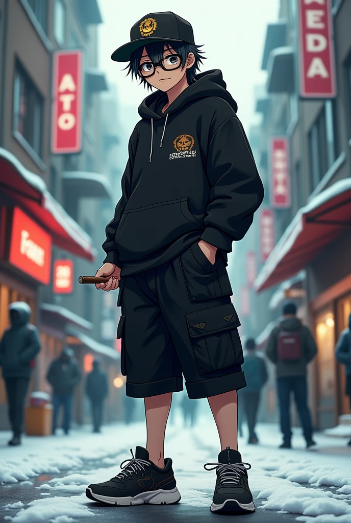 A boy , transformed into an anime style, with black country clothes , with a black wool cap with a lion logo , with black Bermuda shorts , Black sports sneakers , weighing about 90 kilos with medium texture and size 1.80 meters tall and unique facial features light skin , Long hair , wide black frame optical lenses , black eyes , thick lips with a cigar in his right hand , standing on a bustling city street, backlit background that highlights the subject, high contrast colors, 4K High Definition Quality,young, elegant, Argentinian , In the cold of the Santa Cruz glacier in Argentina , phone gamer boy .
