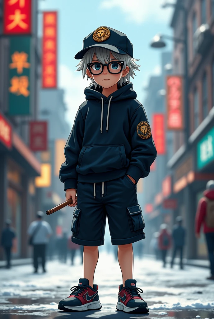 A boy , transformed into an anime style, with black country clothes , with a black wool cap with a lion logo , with black Bermuda shorts , Black sports sneakers , weighing about 90 kilos with medium texture and size 1.80 meters tall and unique facial features light skin , Long hair , wide black frame optical lenses , black eyes , thick lips with a cigar in his right hand , standing on a bustling city street, backlit background that highlights the subject, high contrast colors, 4K High Definition Quality,young, elegant, Argentinian , In the cold of the Santa Cruz glacier in Argentina , phone gamer boy .