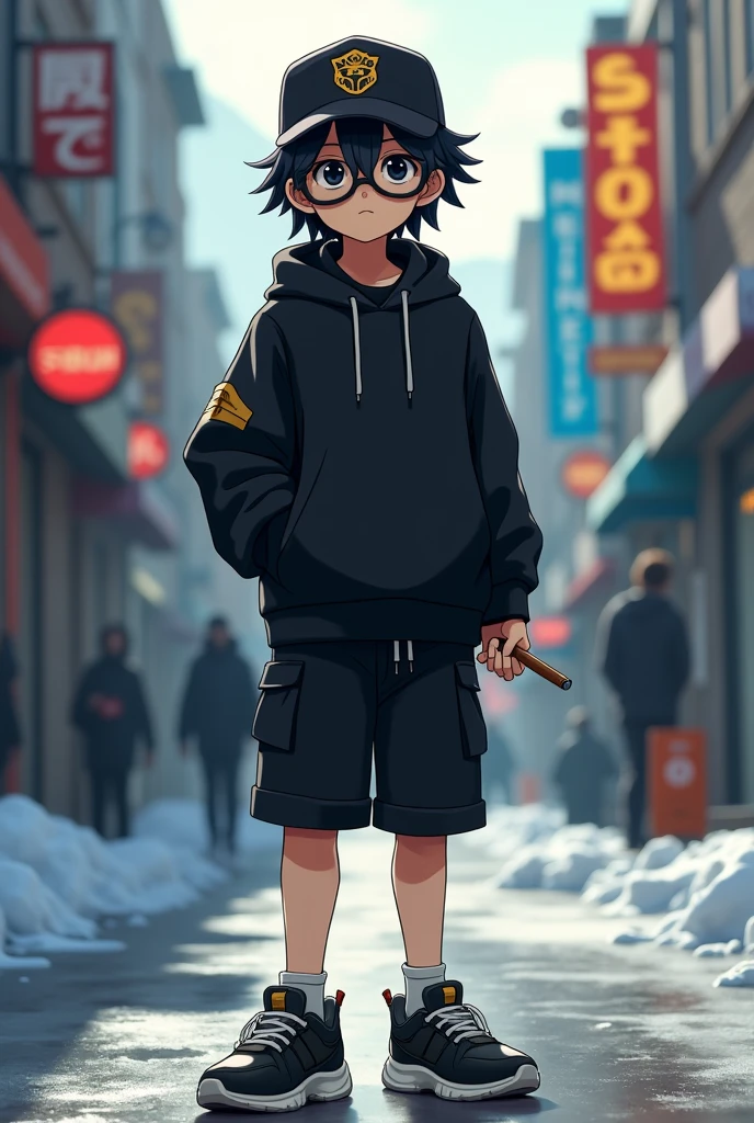 A boy , transformed into an anime style, with black country clothes , with a black wool cap with a lion logo , with black Bermuda shorts , Black sports sneakers , weighing about 90 kilos with medium texture and size 1.80 meters tall and unique facial features light skin , Long hair , wide black frame optical lenses , black eyes , thick lips with a cigar in his right hand , standing on a bustling city street, backlit background that highlights the subject, high contrast colors, 4K High Definition Quality,young, elegant, Argentinian , In the cold of the Santa Cruz glacier in Argentina , phone gamer boy .