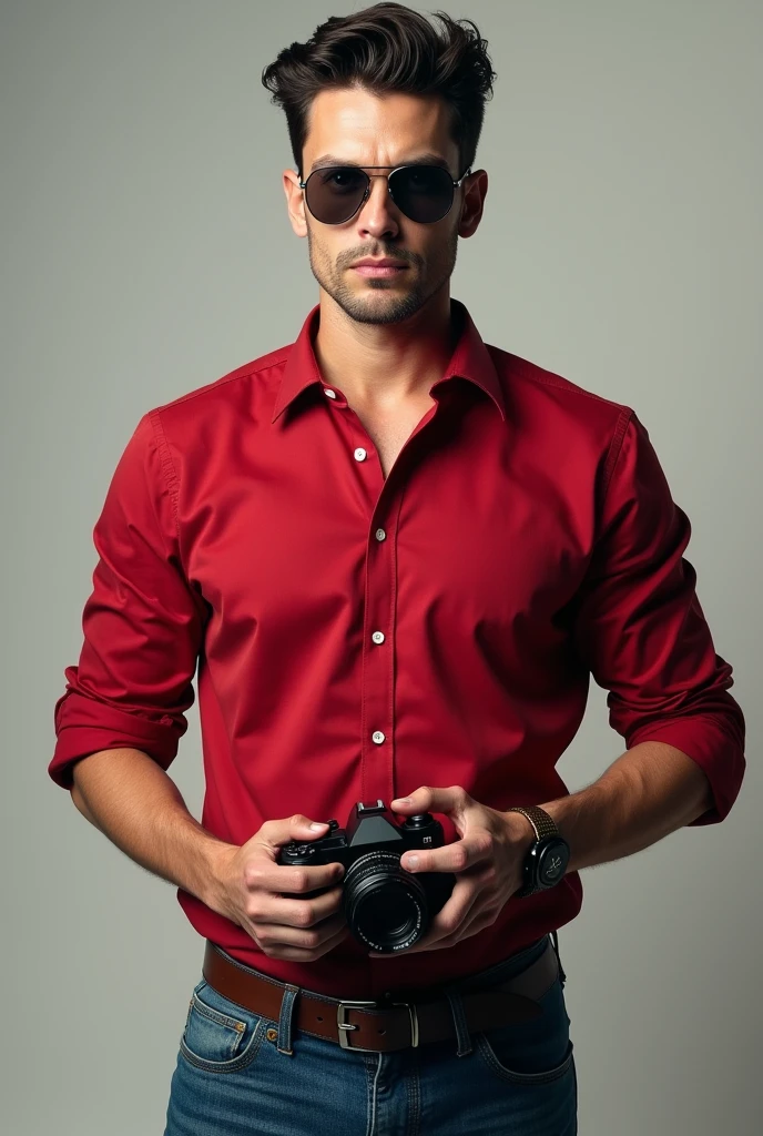 tall man, white skin, asymmetrical face, striking features with the characteristics of actor Nick Bateman, standing wearing a red dress shirt showing her arms, and jeans and cap wearing aviator style glasses , with a professional camera in his hands 
