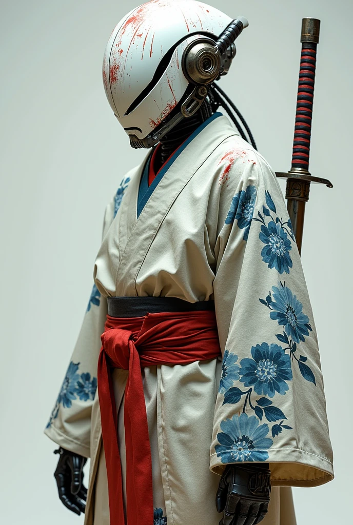 A photo of a cyborg warrior with a traditional Japanese attire. The character's head is fully covered by a streamlined white helmet with red streaks, blood spatters, and glowing blue lines. The mechanical upper body, with intricate arms and gloves, contrasts with the worn, light-colored kimono adorned with blue and white floral patterns. A wide red obi belt ties around the waist, and the character holds a traditional katana in a ready position, resting the blade vertically against their shoulder. The overall atmosphere is one of tension and readiness, with the character poised to spring into action at any moment.