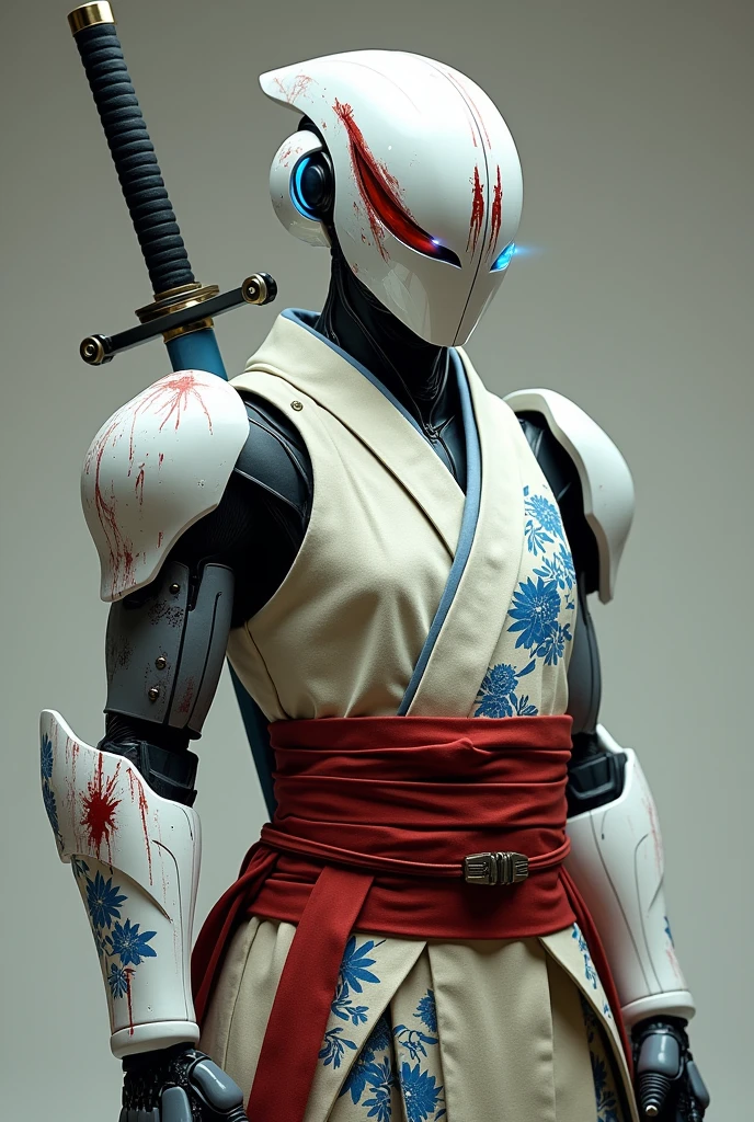 A photo of a cyborg warrior with a traditional Japanese attire. The character's head is fully covered by a streamlined white helmet with red streaks, blood spatters, and glowing blue lines. The mechanical upper body, with intricate arms and gloves, contrasts with the worn, light-colored kimono adorned with blue and white floral patterns. A wide red obi belt ties around the waist, and the character holds a traditional katana in a ready position, resting the blade vertically against their shoulder. The overall atmosphere is one of tension and readiness, with the character poised to spring into action at any moment.