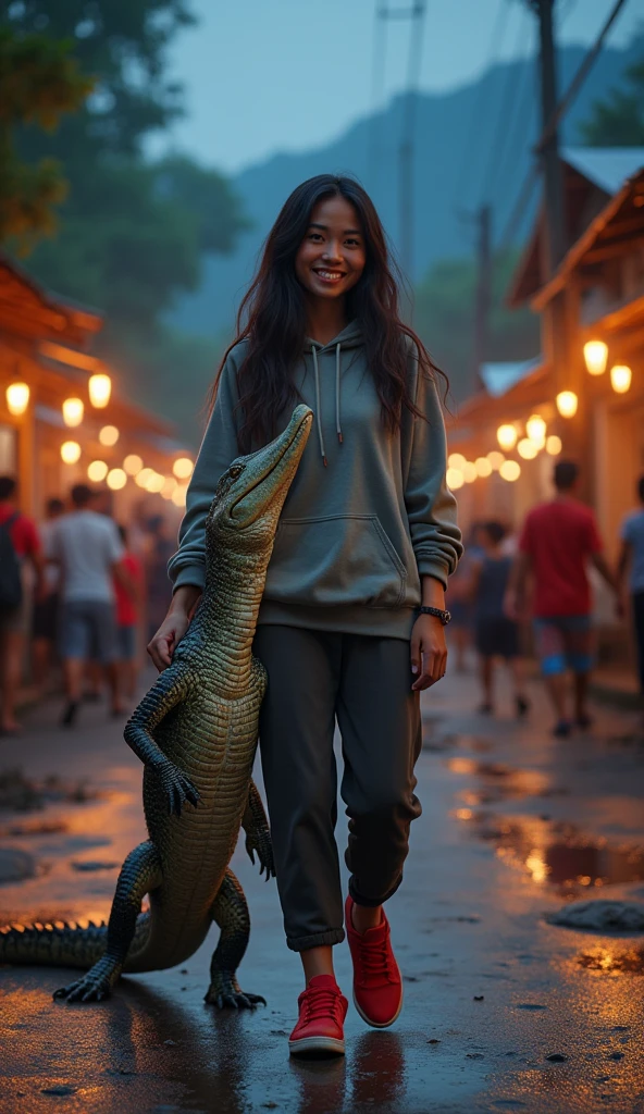 beautiful Indonesian woman, fair skin, big nose, long wavy hair, wear a hoodie, long pants, wearing red sneakers, smiling face, walking while holding a crocodile on the side, on the village road, beautiful night, many people, minimal defects, very detail, you left, 8K picture