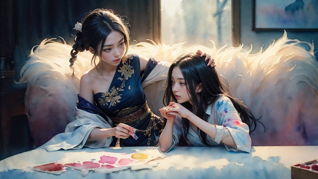 (Tabletop, Highest qualityの, Highest quality, Official Art, (beautifully、aesthetic:1.4), (Watercolor:1.4) ), (Izanami 1.5), 日本のgod話の女god, Majestic beauty, 創造の女god、生命の女god、Typically、((((Typically))))、Reincarnation Support, god'Grace, Gentle and meditative expressions, Flowing, celestial garments, Shine、Created all the landscapes and worlds on Earth, A dazzling dance of light, Whispers of Ancient Legends,Hands below chest level,The hair is a little shorter