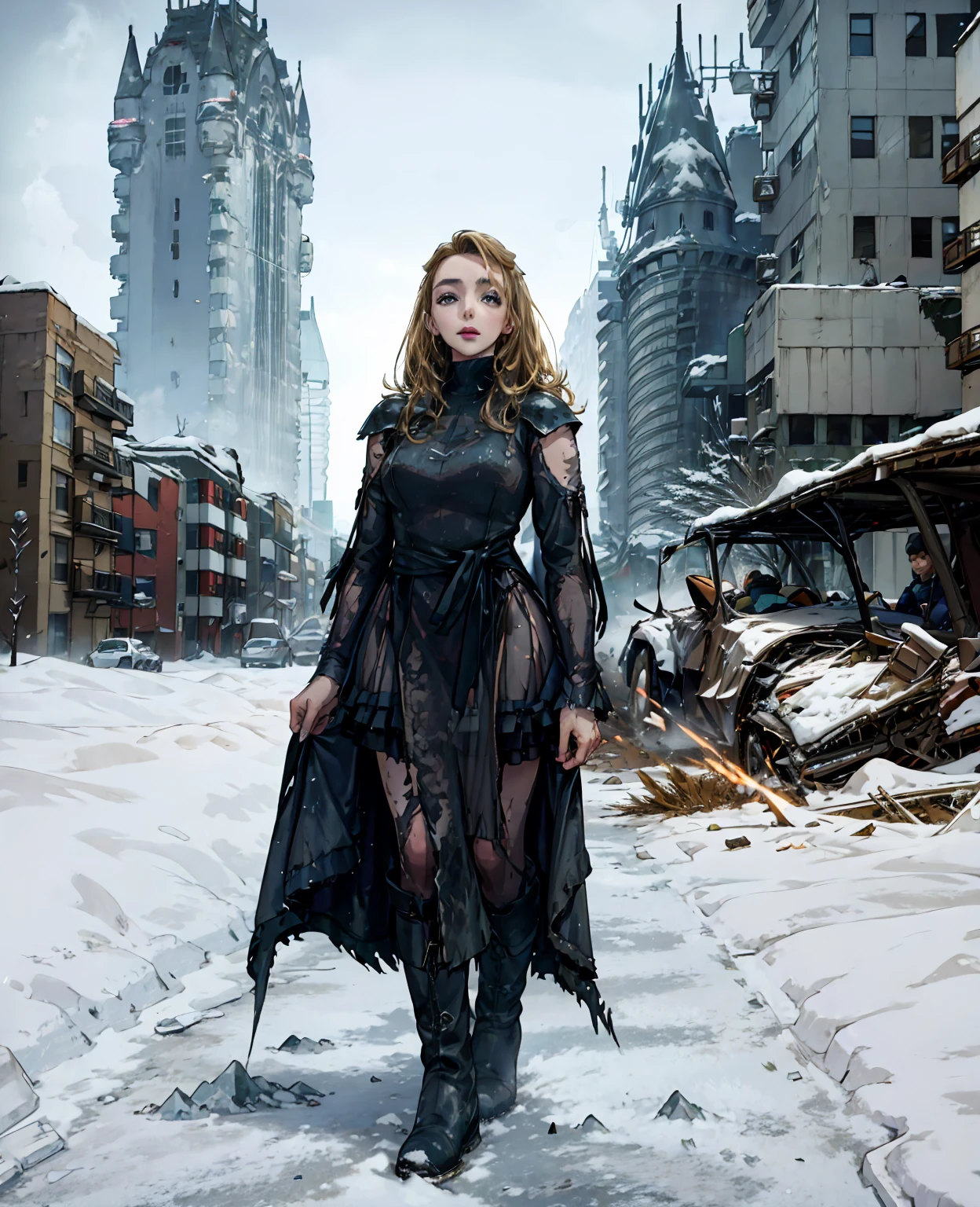 **Jodie Comer as the Broken Wanderer:** Covered in dirt, wearing torn, ragged layers of wool and leather, a tattered fur coat, and battered boots, she trudges through the ruins of a modern city. The once-bustling streets are now silent and encased in thick layers of ice and snow, with skyscrapers standing as frozen, ghostly giants against the gray sky. Abandoned cars are buried under drifts, and shattered glass glistens like frost on the ground, creating a haunting landscape of desolation.