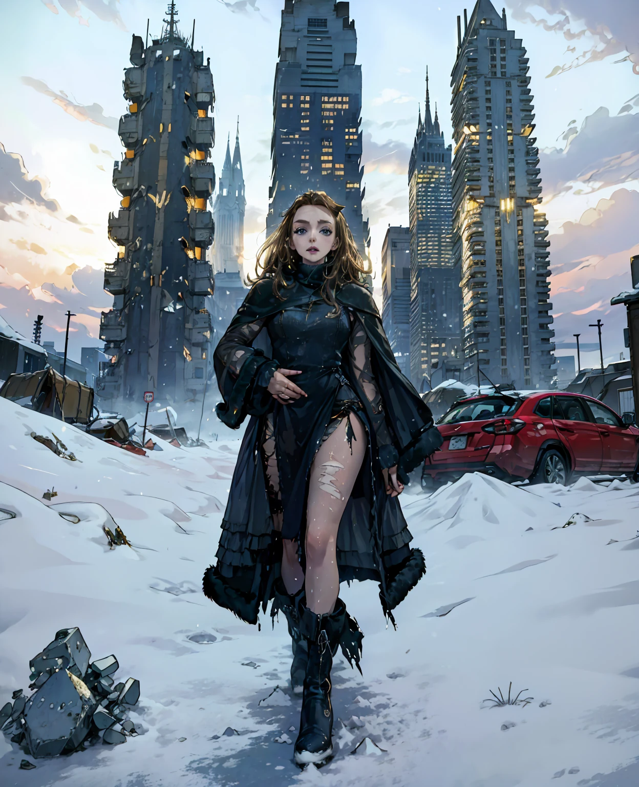 **Jodie Comer as the Broken Wanderer:** Covered in dirt, wearing torn, ragged layers of wool and leather, a tattered fur coat, and battered boots, she trudges through the ruins of a modern city. The once-bustling streets are now silent and encased in thick layers of ice and snow, with skyscrapers standing as frozen, ghostly giants against the gray sky. Abandoned cars are buried under drifts, and shattered glass glistens like frost on the ground, creating a haunting landscape of desolation.