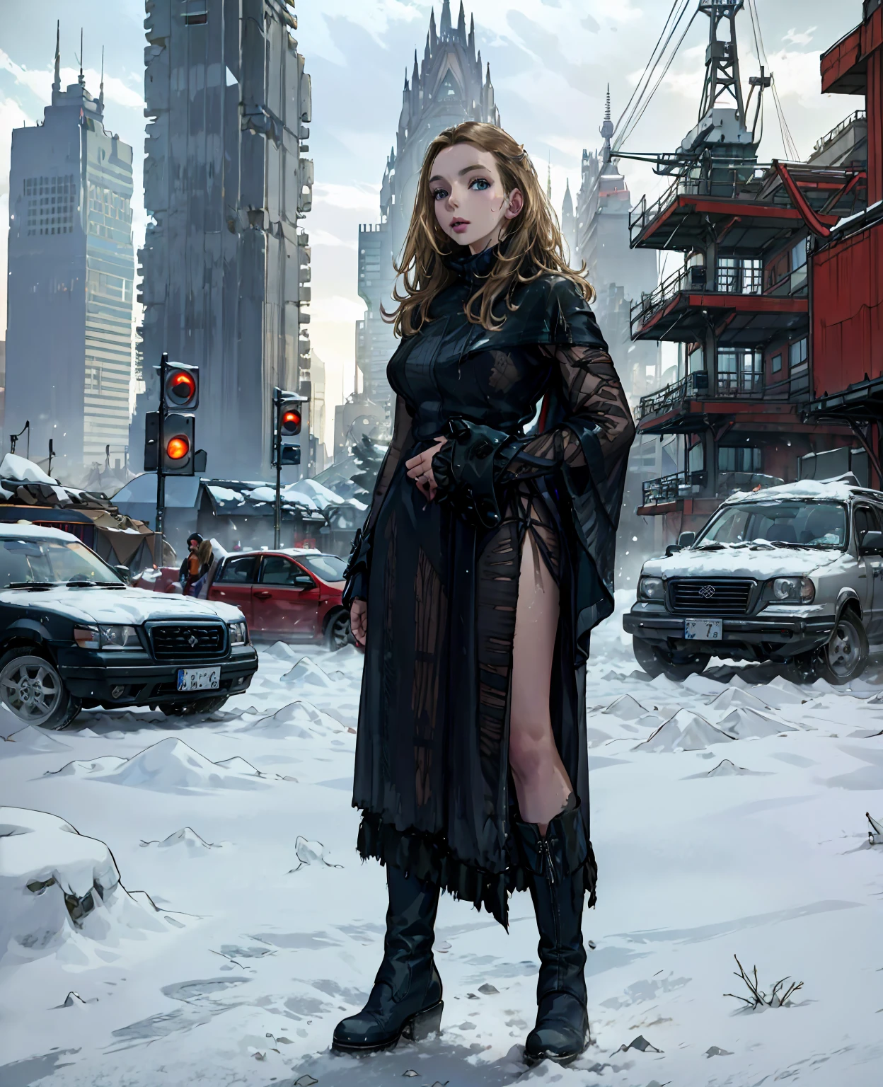 **Jodie Comer as the Broken Wanderer:** Covered in dirt, wearing torn, ragged layers of wool and leather, a tattered fur coat, and battered boots, she trudges through the ruins of a modern city. The once-bustling streets are now silent and encased in thick layers of ice and snow, with skyscrapers standing as frozen, ghostly giants against the gray sky. Abandoned cars are buried under drifts, and shattered glass glistens like frost on the ground, creating a haunting landscape of desolation.