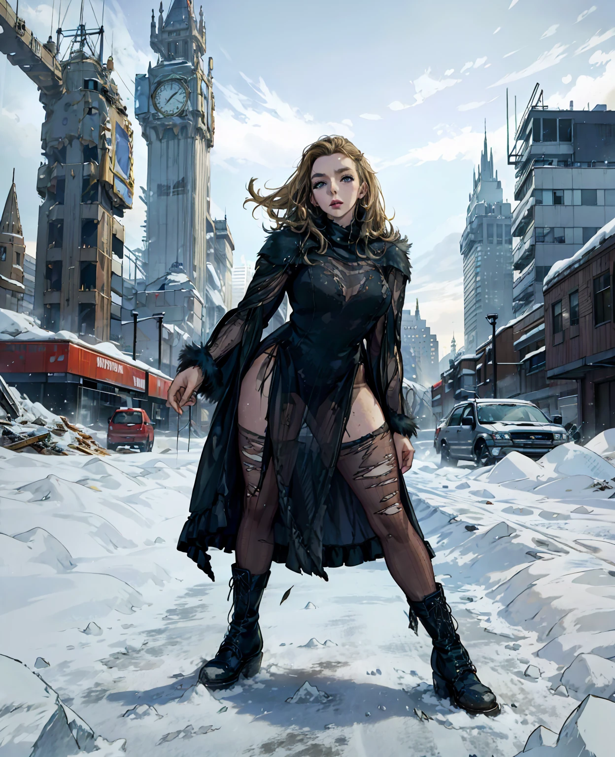 **Jodie Comer as the Broken Wanderer:** Covered in dirt, wearing torn, ragged layers of wool and leather, a tattered fur coat, and battered boots, she trudges through the ruins of a modern city. The once-bustling streets are now silent and encased in thick layers of ice and snow, with skyscrapers standing as frozen, ghostly giants against the gray sky. Abandoned cars are buried under drifts, and shattered glass glistens like frost on the ground, creating a haunting landscape of desolation.