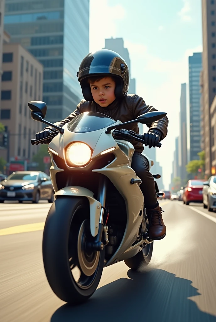 A boy with a motorcycle and a helmet running errands Fast 