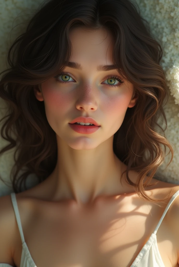 tender young woman, with green eyes, dark brown hair in curls
