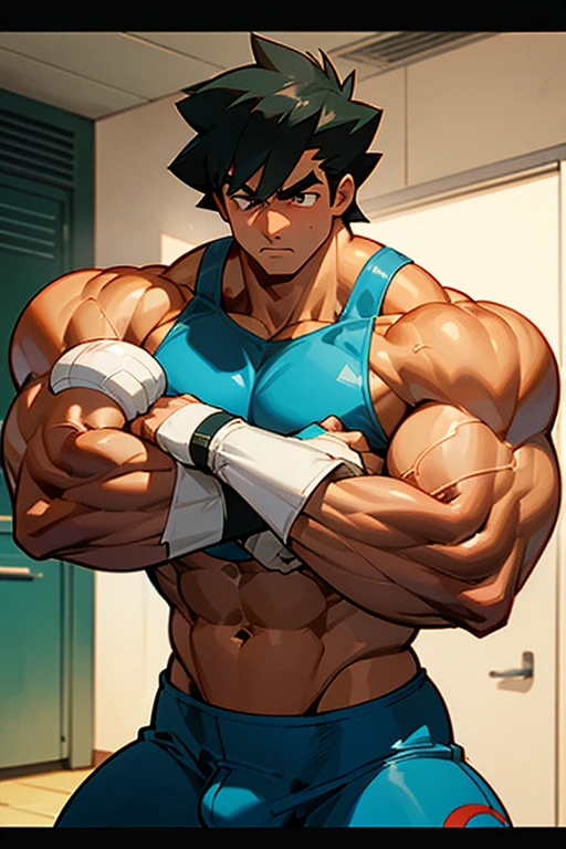 Ash Ketchum from Pokémon anime as a big dumb muscular bodybuilder jock in a locker room flexing and staring blankly as his eyes glow red under hypnosis with his mouth hanging open as he repeats, "Bigger... Dumber.... Must obey.... More like a jock bro every day.... Yes, Coach. I obey. Huhuhuhuh...." in a deep mindless emotionless voice with his fellow hypnotized jocks to forget about Pokémon training and focus instead on training his own body and obeying his coach. Hyper swollen bulging crotch. Hyper muscles. Toned muscles. 5% body fat. Big biceps. Big triceps. Broad shoulders. Big traps. Big lats. Big meaty pecs. Massive deltoids. Six-pack abs. Spherical glutes. Brainwashing. Hypnosis. Hypnotized. Bro. IQ drain. Dumber and dumber. Meathead. Musclehead. Mindless. Hypno. Mind control. Brain drain. Entranced.