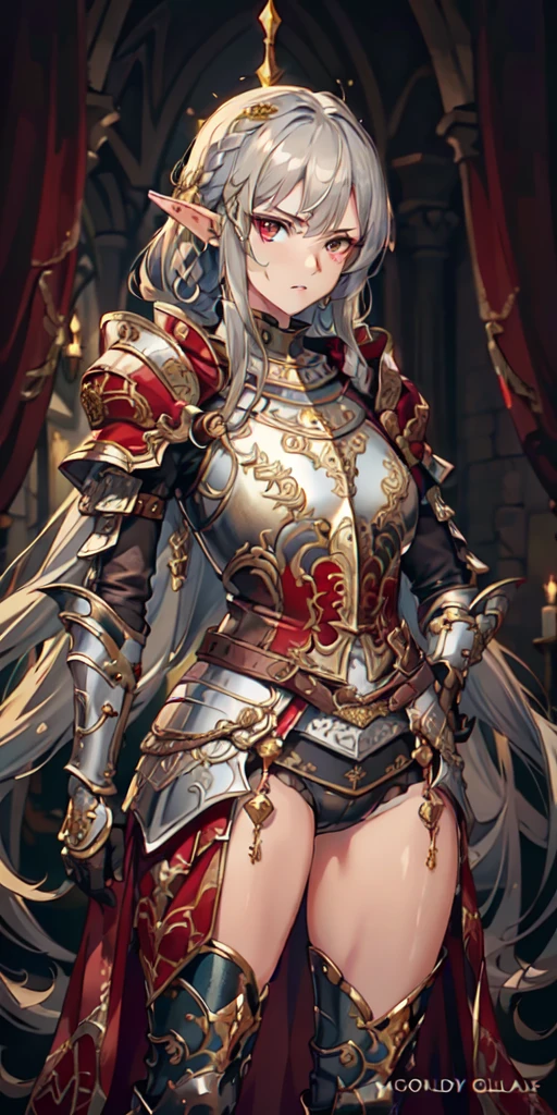 (full plate gothic armor, breastplate, red cape, long plate pants, ), detailed vibrant eyes, Perfect features, (masterpiece), (best quality:1.4), intricate details, moist skin, shiny skin, glossy skin, (masterpiece, best quality, good quality:1.4), intricate details, (detailed background, medieval town, blue sky), (cinematic lighting, best illumination, colorful), (1girl, solo, elf girl, glowing red eyes, short braided hair, silver hair, elven_ears, sharp face, serious face, thicc_thighs, big ass, very wide hip, small breasts, stern look, lean body, perfect hand, tall, gold hair ornament), hands crossed, looking at viewer