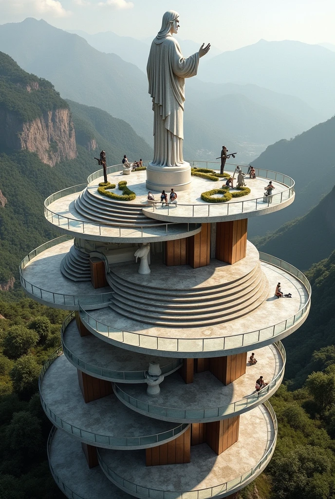 Create an image with these characteristics taking into account that there is a monument of Christ the King with only one floor and a path 1. Elevated Observation Decks Terraced structure with half-levels connected by stairs to allow visitors to view the statue and the landscape from various heights and angles.
A cylinder-shaped viewing platform around the base of Cristo Rey that allows panoramic views.
2. Integration with nature Natural trails: Create well-designed paths leading to the viewing point through the local vegetation, providing an immersive experience in nature before reaching the observation deck.
Thematic gardens: Add gardens or rest areas with native flora, Stone benches and sculptures that complement the surroundings, creating spaces for reflection.
3. Cover or pergola Panoramic pergola: A lightweight roof with a modern design that partially covers the viewing platform to provide shade without obstructing the views. This could include interlocking metal or wood beams, following a modern aesthetic but harmonious with the environment.
4. Glass viewing platform Glass railings: Use reinforced glass railings on platforms to maximize views and maintain safety without interrupting the visual connection with the surroundings.
5. Architectural elements inspired by the region Use of local materials: Incorporate materials from the region, such as volcanic stone or native wood, so that the viewpoint has a local character and is more sustainable.
Andean architecture: You can include details that evoke traditional Andean architecture, like gable roofs, Stone details and geometric shapes inspired by the indigenous cultures of the area.
6. Areas for contemplation and recreation Areas for rest and meditation: Include benches and small meditation or recreation areas around the viewing platform, with direct views towards Cristo Rey, so that visitors can relax and reflect on a