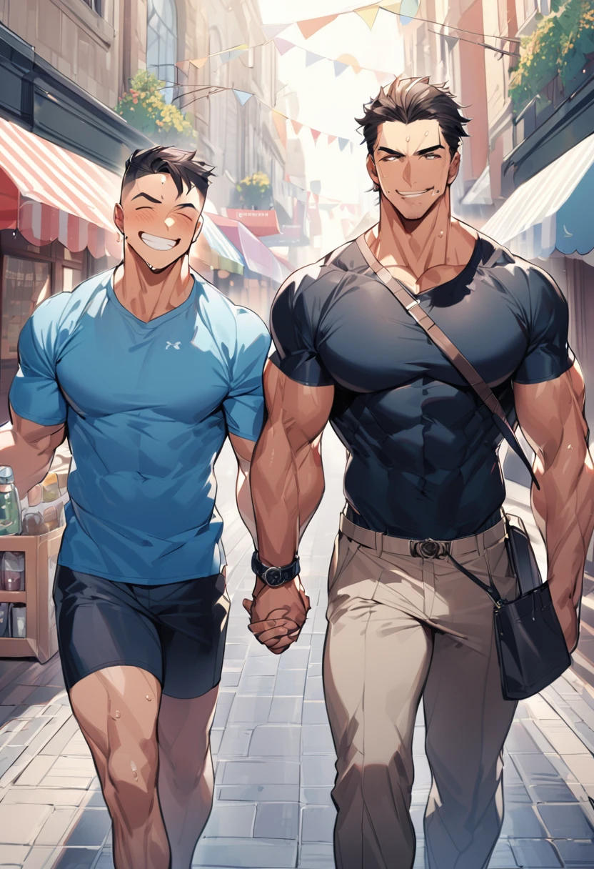 Muscular man、Gay、manly、Highest quality、Thick body hair、sweating、Sports haircut、Couple holding hands、sports gym、Happy Face