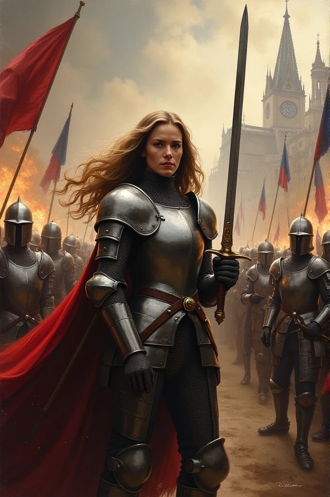 Joan of Arc with armor and sword, leading the French at the Battle of Orleans, 1429"
