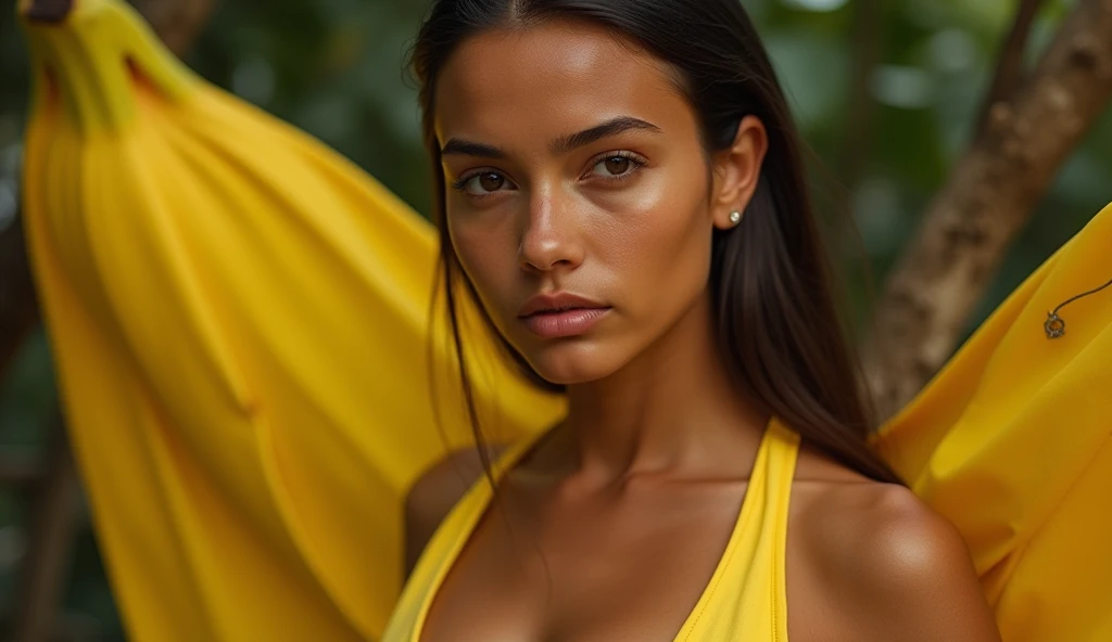 Mini video clip ((Tupi Guarani Girl)), ((Tupinamba)), ((adolescent)), ((tanned skintone)), ((Facial features of Taylor Lautner and Adriana Lima)), ((Long pixie cut hair)), (hair slicked back), ((Yellow dyed hair)), Fluid Hairstyle, pores, realisic skin, dressed as a banana, doing adult sensual choreography, singing looking at the viewer