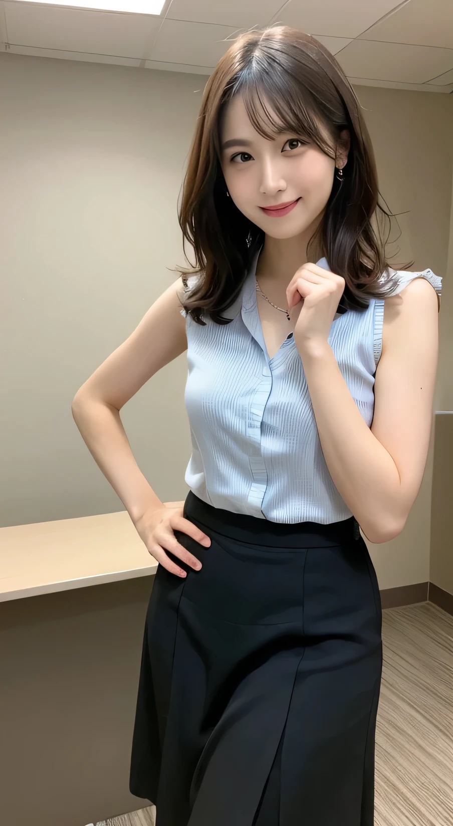 Tabletop, Highest quality, figure, Very detailed, In detail, High resolution, 8k wallpaper, Perfect dynamic composition, Beautiful attention to detail,Wavy Hair、 (short hair)、Small , Hands on hips、smile、cute、happy、sexy shlooking at camera,Perfect and beautiful face、Sleeveless shirt、Collared shirt、24-years-old、(White)、Public Health Physician、long skirt、smile、Simple Necklace、Health Room、