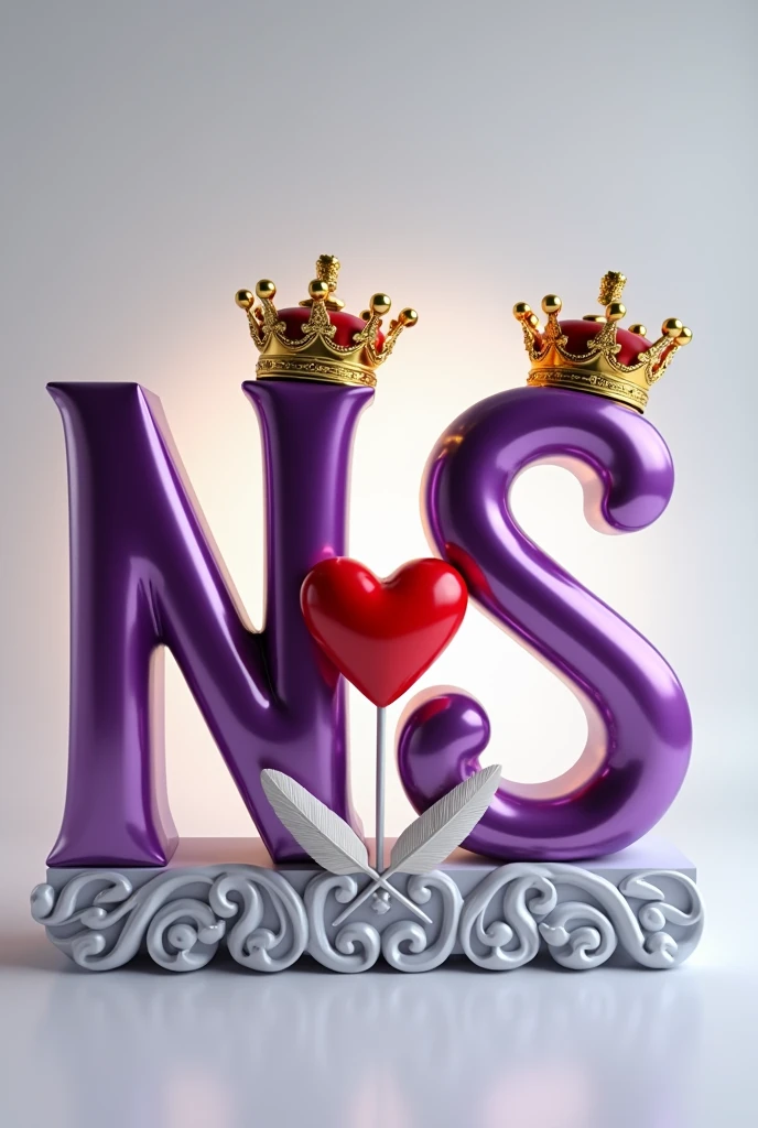 A 3d render of the two capital letters "N" and "S" in purple and gold metallic font with golden British crowns above both letters and a white feather , with a light shine behind the word, and a silver swirl underneath. A red heart in center of both letters, The background is a light gray.