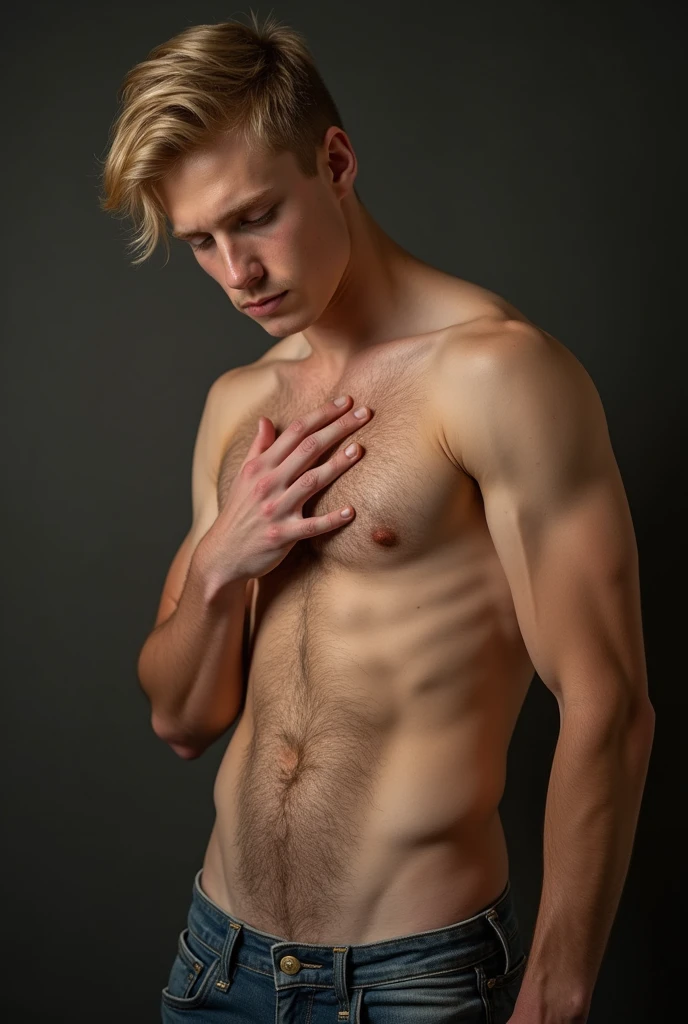 Young hot blonde men 18 years, with hot face and body, sweaty, with one arm lifted showing his armpit hair and other arm rubbing his bick and thick amd hairy and sweaty dick, touchimg his dick, masturbating himself while licking his sweaty armpits and showing his entire dick now with him cuming in his belly and touching his cock, strucking his cock, showing his dick without any censor showing it completely and hairy armpits and he licking it