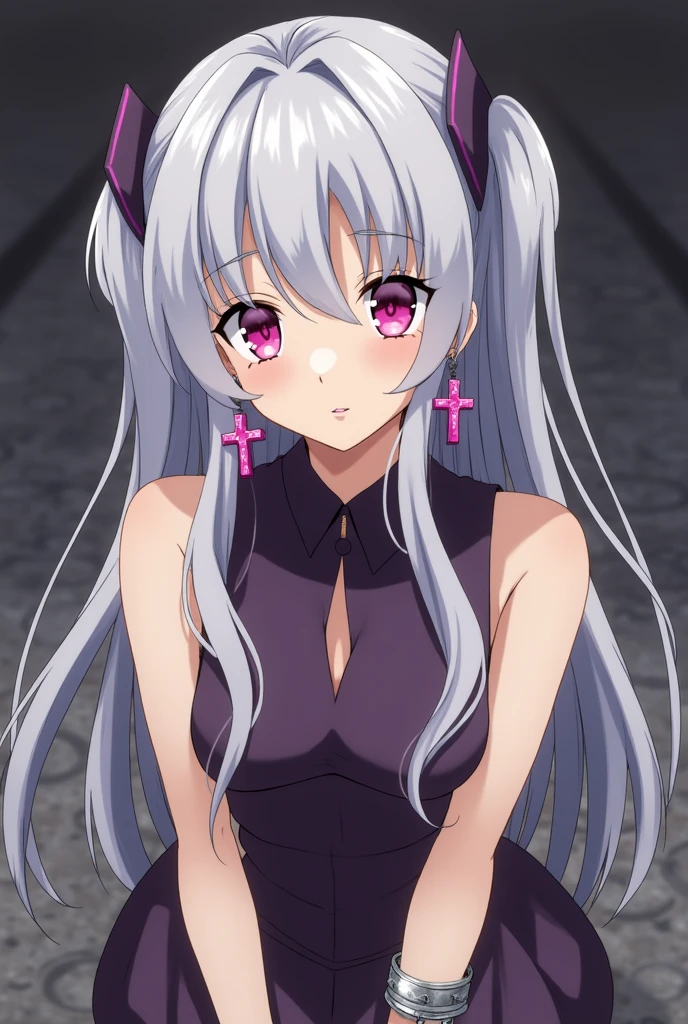 black clover anime woman screenshot, long straight silver hair, fringe, two pigtails reach the side of his head,pink eyes serious expression,tiene dos coletas y fringes en la frente. besides, She wears a pair of purple earrings with a cross shape of "fitchy" and a silver bracelet on her left wrist.
She is wearing a short sleeveless dress, purple and backless,resemblance to noelle silva from black clover