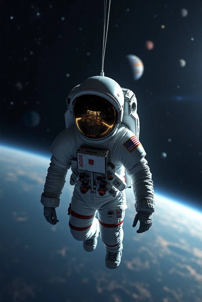 An astronaut floating in space with a refection of the universe on his helmet