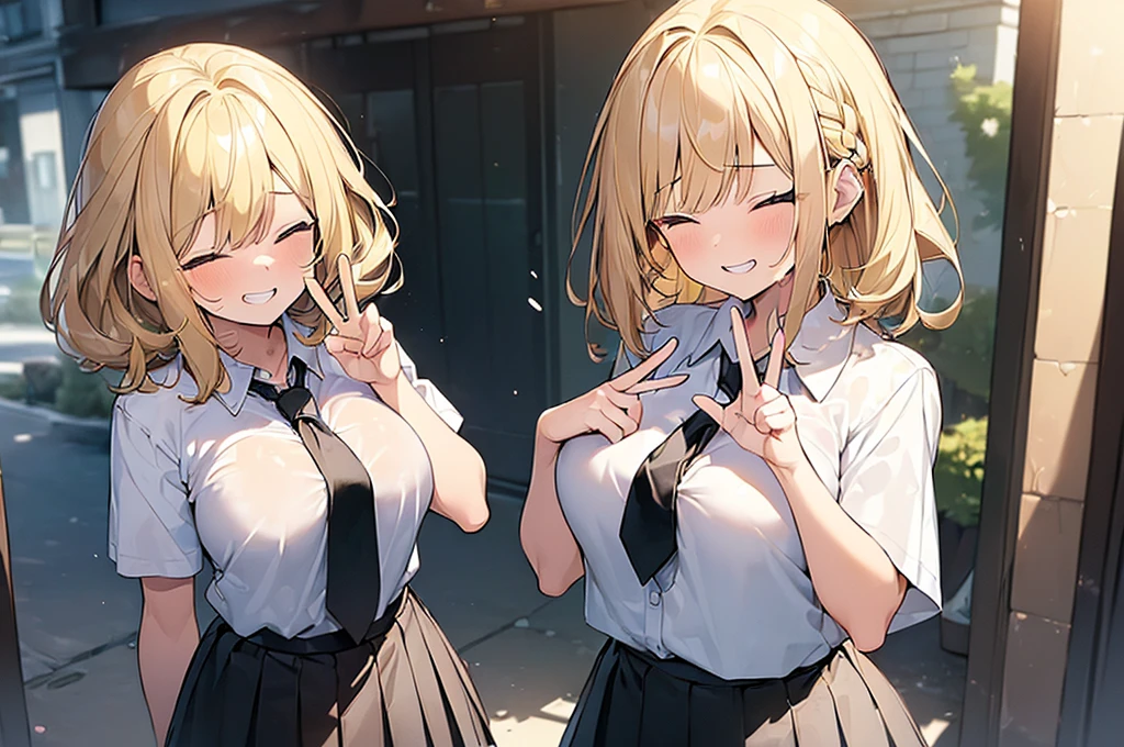 (Masterpiece, Top quality:1.5), nsfw, (1 beautiful girl:1.2), (peace fingers:1.3), (short sleeve white shirt, black pleated skirt, tie:1.2), (blonde hair:1.3), single braid, medium Hair, wavy Hair, asymmetry bangs, swept bangs, junior high school student, (large breasts:1.2), smile:1.3, flustered:1.1, beautiful scene of alley, grin, closed eyes