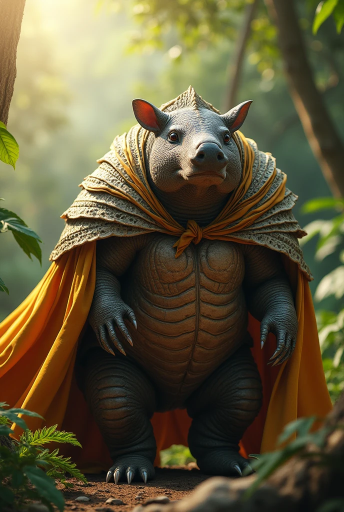 Create the image of a Brazilian animal armadillo, now make it mega powerful, make it look like a natural armadillo, but wearing a hero's cape