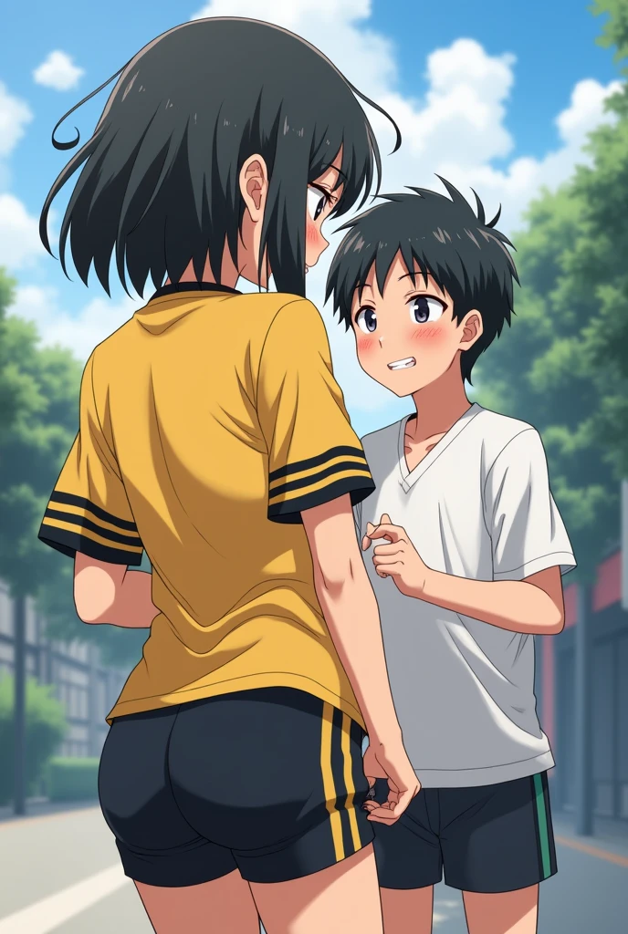It generates an image of a girl with short hair that reaches her shoulders and a yellow shirt with black stripes on the short sleeves of the uniform with black physical education shorts and she bends down and looks at herself from behind very sexy seen from behind with her black shorts made of synthetic material with yellow stripes on the sides, a big ass seen from behind picking up a book looking down with her head forward and a boy looks at her sexily from behind watching her picking up her books and the boy squeezes her buttock and the girl gets excited and looks at him blushing and puts her butt on his crotch sexily while she smiles mischievously while grabbing her crotch and a boy blushes a lot when he sees her in the yard from behind
