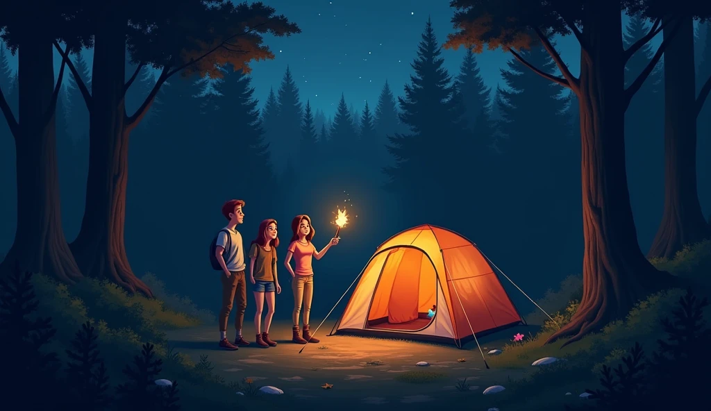 Three friends are standing outside a tent in the forest with a torch in the dark of night.