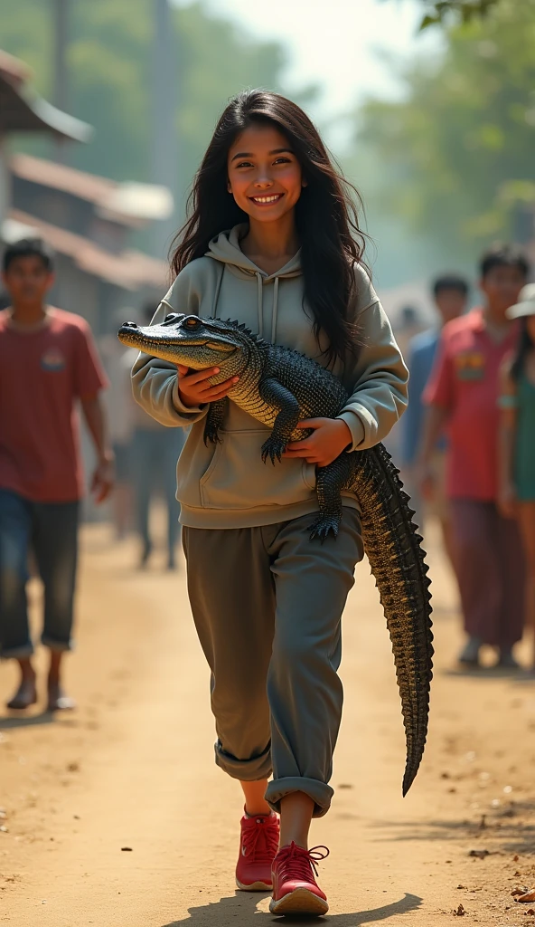 beautiful Indonesian woman, fair skin, big nose, long wavy hair, wear a hoodie, long pants, wearing red sneakers, smiling face, walking while holding a crocodile on the side, on the village road, beautiful morning, many people, minimal defects, very detail, you left, 8K picture