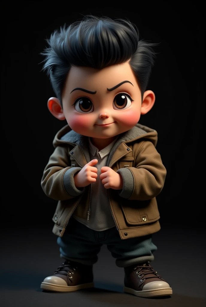 Creat an image of character,a clever and mischievous faty boy,troublesome, attractive to childrens,dark black background, with only three hair on head,gangster type 